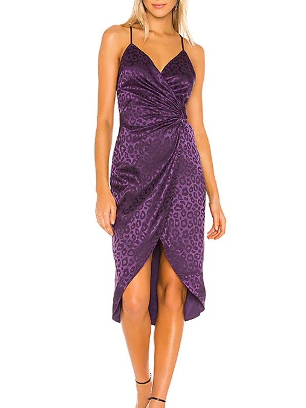 J.O.A. Purple Leopard-Print Satin Wrap Midi Dress